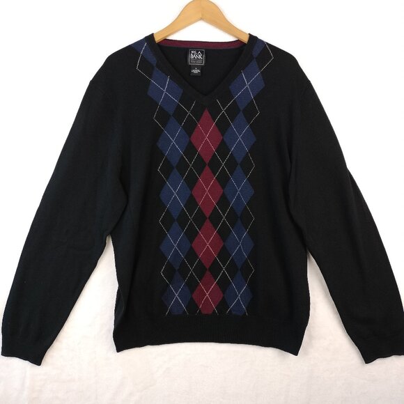 Jos A Bank Mens Argyle Sweater Size XL Black Red Merino Wool Traveler Academia - Picture 1 of 13